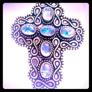 Sterling Silver Cross with Rainbow Moonstones